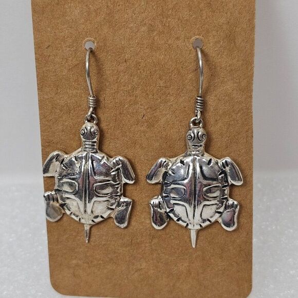 Sterling Silver 925 Sea Turtle Earrings Dangle Hook Pierced Nautical Beach - Picture 1 of 8